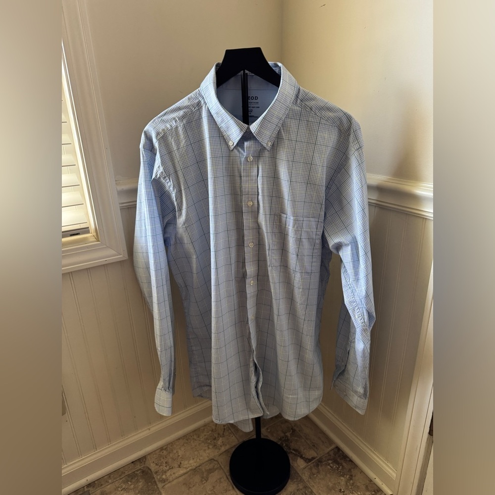 Izod Advantage Performance Light Blue‎ Plaid Dress Shirt Size XL
